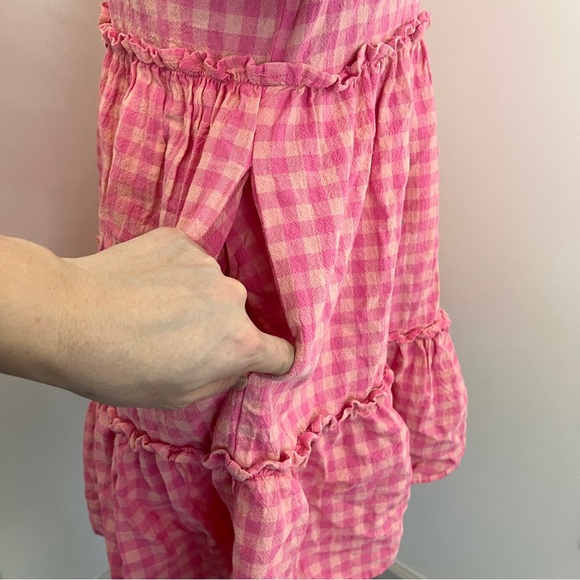 Entro Pink Gingham Tiered Babydoll Dress Sz M puff sleeves ruffle trim - Picture 3 of 7